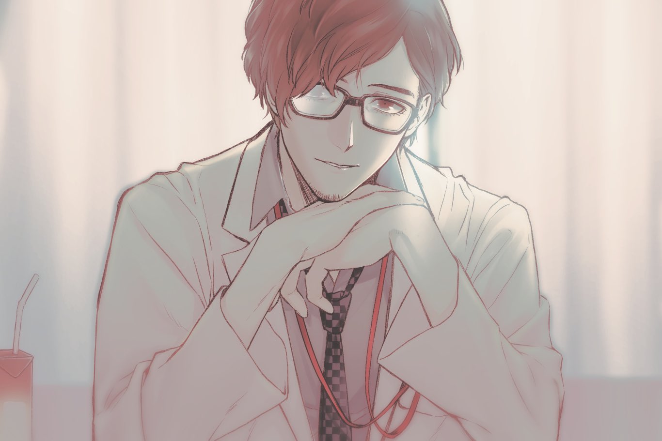 1boy bangs checkered_necktie coat commentary_request curtains facial_hair glasses juice_box labcoat long_sleeves looking_at_viewer male_focus maruki_takuto necktie parted_lips persona persona_5 persona_5_the_royal shirt solo sonomi stubble upper_body