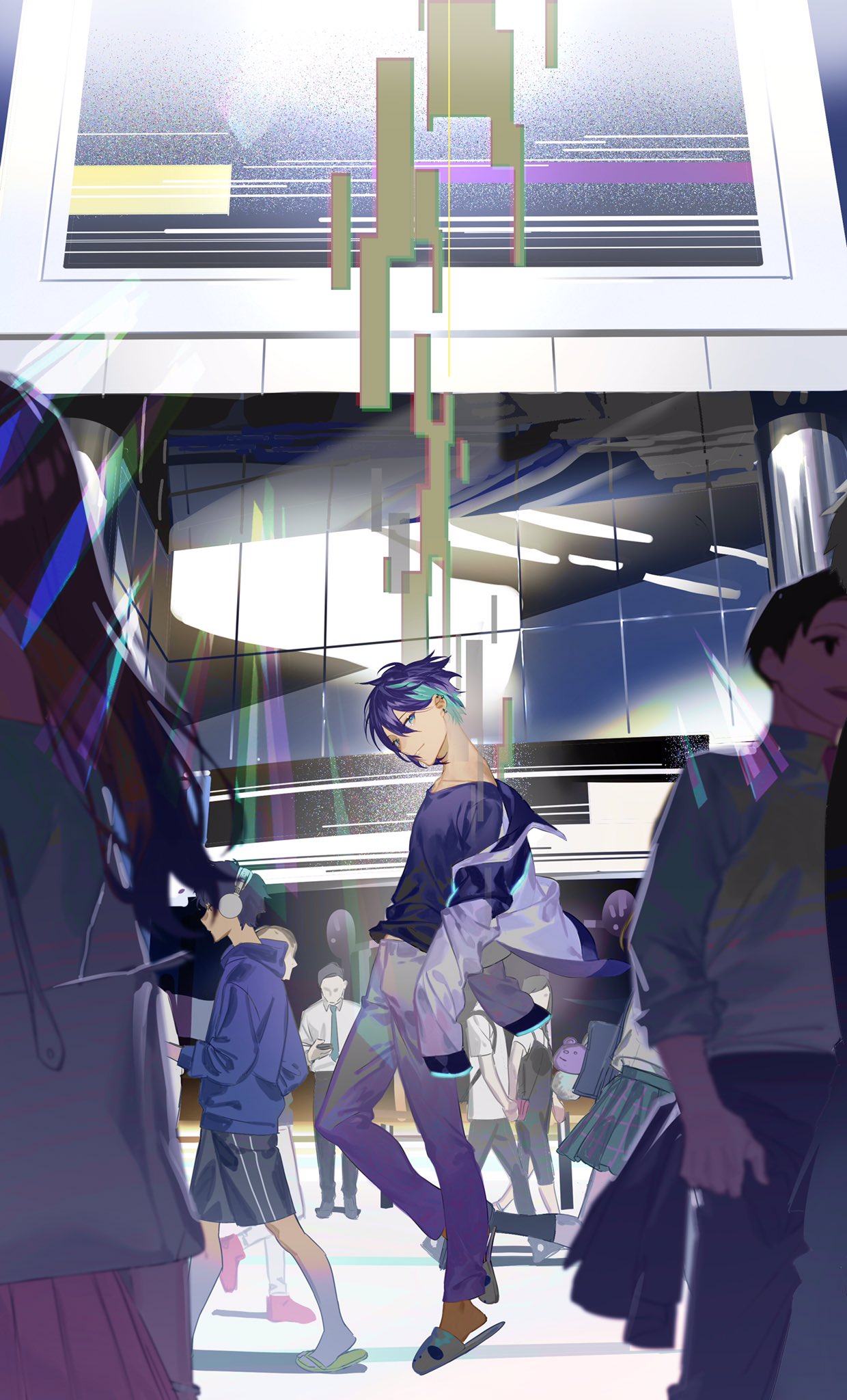 1boy bangs black_shirt closed_mouth ear_piercing floating green_eyes grey_pants hair_between_eyes head_tilt highres jacket looking_at_viewer mayuzumi_kai multicolored_hair nijisanji off_shoulder outdoors pants people piercing purple_hair serita_jon shirt short_sleeves slippers smile solo_focus two-tone_hair virtual_youtuber white_jacket