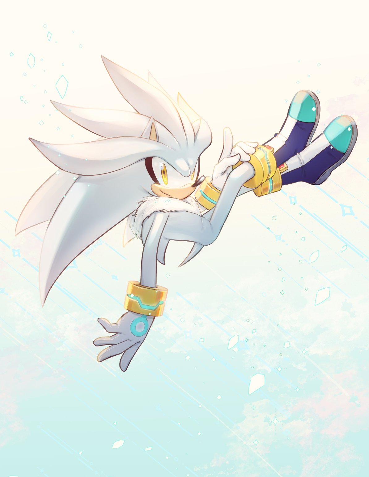 1boy animal_nose boots closed_mouth floating full_body furry furry_male gloves highres looking_at_viewer male_focus nisibo25 silver_the_hedgehog smile solo sonic_(series) white_gloves yellow_eyes