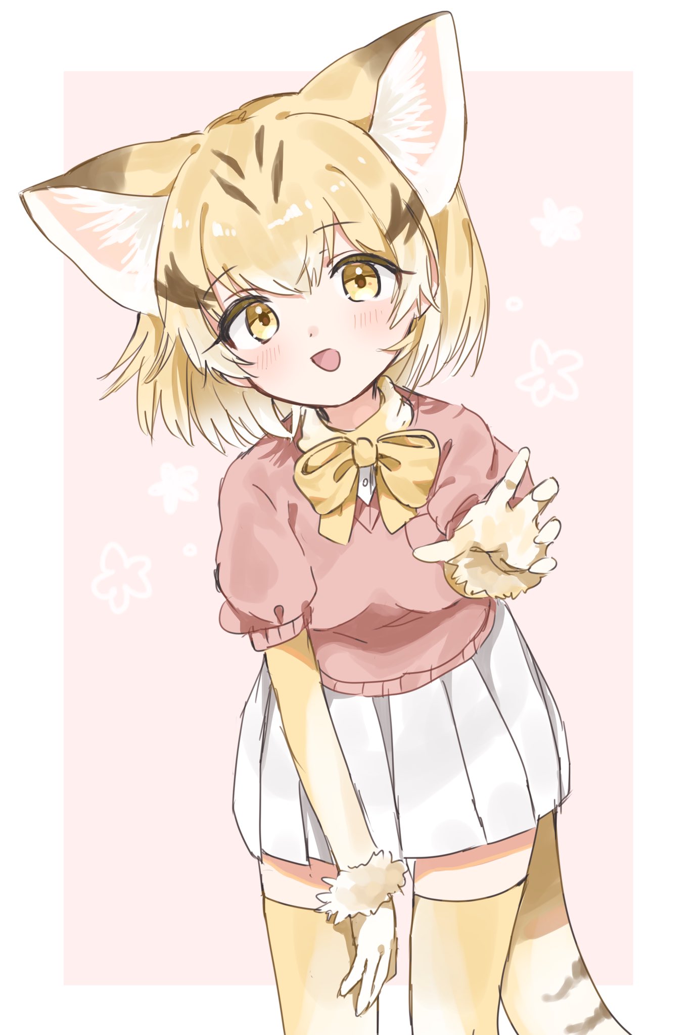 1girl alternate_costume animal_ears blonde_hair blush bow bowtie cat_ears cat_girl cat_tail cosplay elbow_gloves extra_ears fennec_(kemono_friends) fennec_(kemono_friends)_(cosplay) fur_trim gloves highres kemono_friends megumi_222 multicolored_hair pink_sweater pleated_skirt puffy_short_sleeves puffy_sleeves sand_cat_(kemono_friends) short_hair short_sleeves skirt solo sweater tail thigh-highs white_fur white_hair white_skirt yellow_bow yellow_bowtie yellow_eyes yellow_gloves yellow_thighhighs zettai_ryouiki