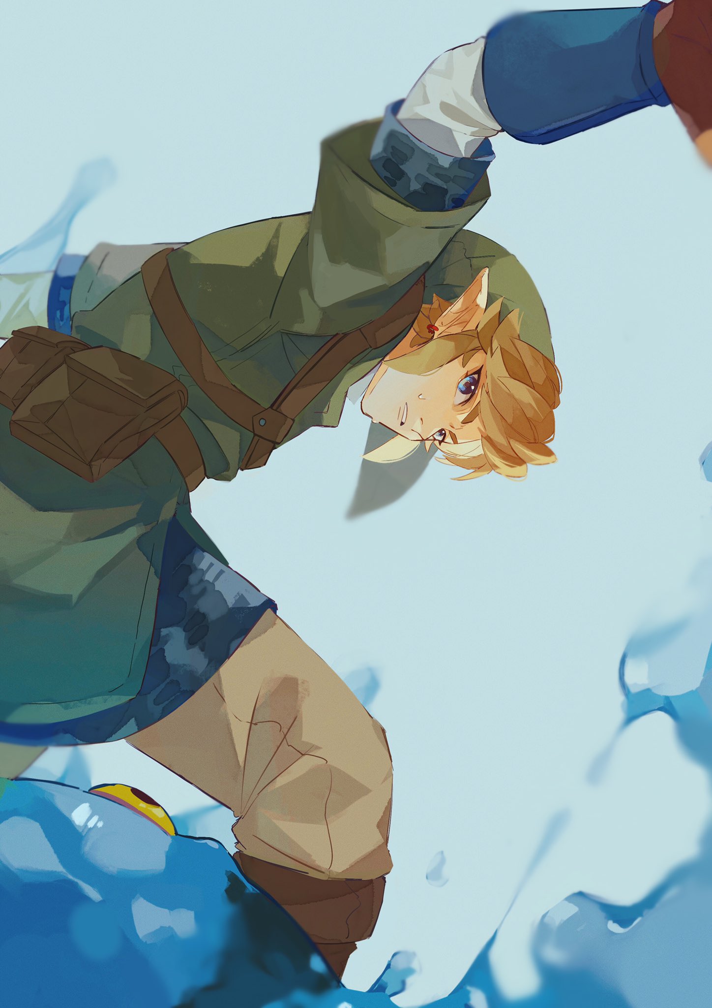 1boy blonde_hair blue_eyes chuchu_(the_legend_of_zelda) earrings fighting_stance fingerless_gloves gloves green_headwear green_tunic grey_pants highres jewelry link looking_back male_focus pants parted_lips pisu_1107 pointy_ears shirt shoulder_strap slime_(creature) sweat the_legend_of_zelda the_legend_of_zelda:_skyward_sword thigh_pouch water white_shirt yellow_eyes