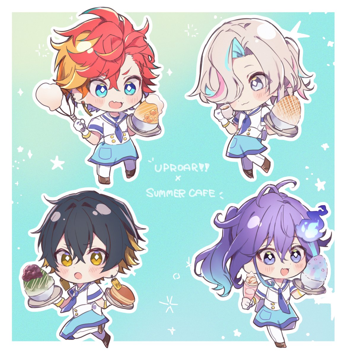 4boys :3 :d :o alternate_costume alternate_hairstyle antenna_hair apron aqua_background aqua_eyes aqua_hair bangs black_hair blonde_hair blue_apron blue_eyes blue_neckerchief blush border bowl brown_footwear crossed_bangs cup diamond-shaped_pupils diamond_(shape) dorayaki earrings english_text fang food full_body gloves gradient_hair grey_eyes hair_between_eyes hair_over_one_eye highres hitodama hizaki_gamma holding holding_cup holding_food holding_tray holding_whisk holostars ice_cream jewelry jinra_(mkzk_116) leg_up looking_at_object looking_at_viewer male_focus minase_rio multicolored_hair multiple_boys neckerchief orange_hair outline outside_border pants pink_hair ponytail purple_hair redhead sailor_collar sailor_shirt shaved_ice shirt short_hair short_sleeves skin_fang smile starry_background streaked_hair symbol-shaped_pupils tray two-tone_hair ujikintoki uproar_(holostars) utsugi_uyu virtual_youtuber wagashi waist_apron whisk white_border white_gloves white_hair white_outline white_pants white_shirt yatogami_fuma yellow_eyes