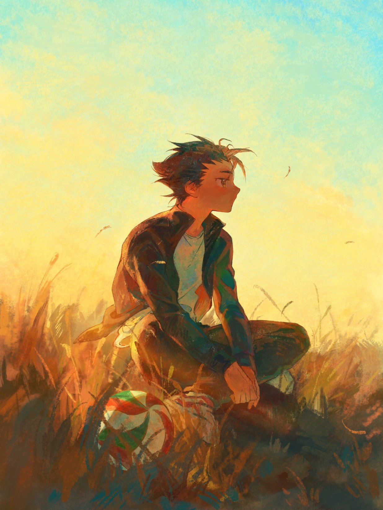 1boy ball black_hair black_jacket black_pants blonde_hair field full_body gakuran haikyuu!! highres indian_style jacket long_sleeves looking_away male_focus multicolored_hair nishinoya_yuu on_ground open_clothes open_jacket own_hands_together pants profile school_uniform shirt shoe_soles shoes short_hair shuitongyang sitting sky sneakers solo spiky_hair streaked_hair t-shirt twilight two-tone_hair v_arms volleyball white_footwear white_shirt wind