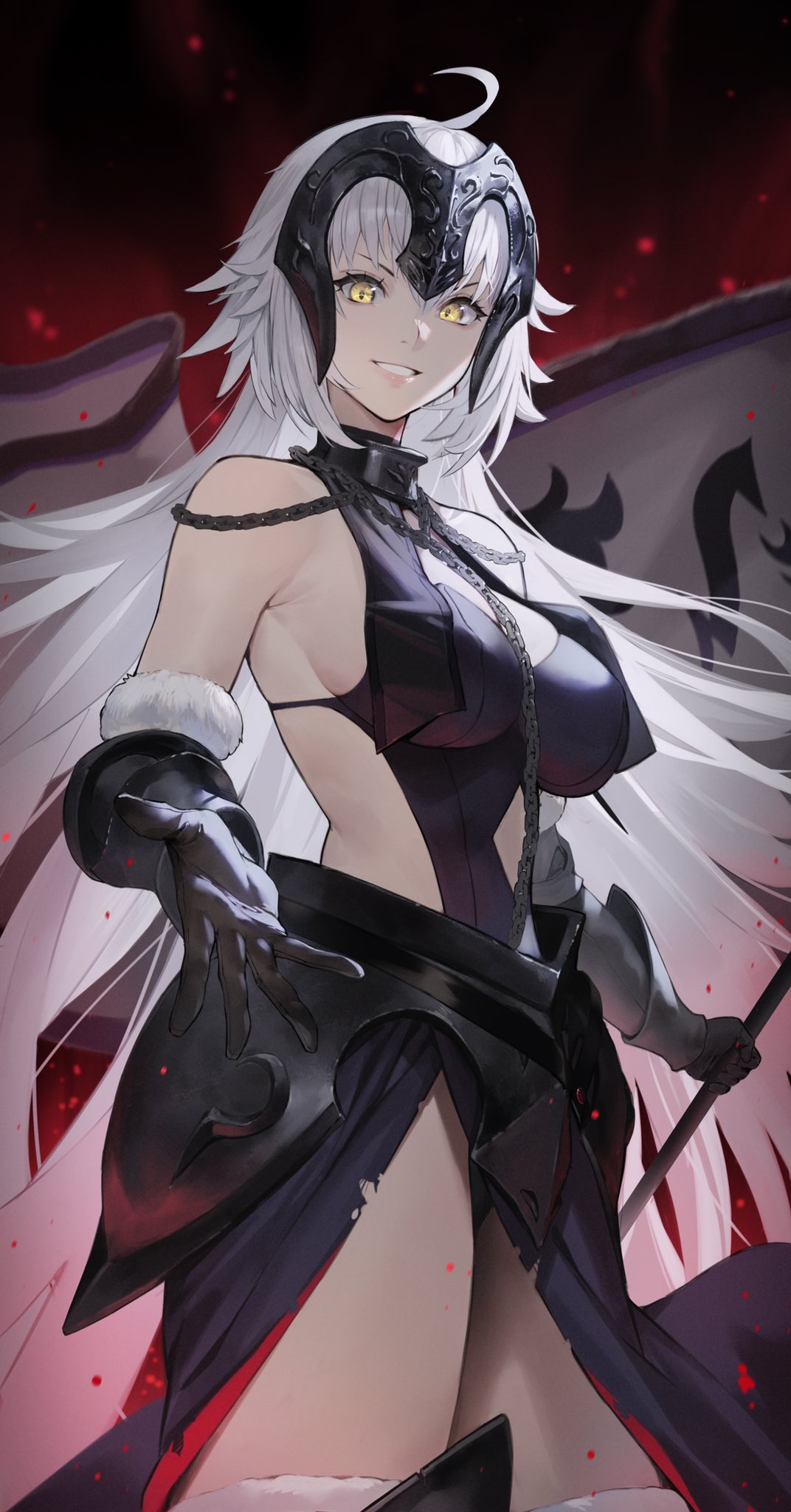 1girl ahoge armor bare_shoulders blonde_hair breasts chain choker extra_singular fate/grand_order fate_(series) flag flagpole gauntlets headgear highres holding holding_flag jeanne_d'arc_(fate) jeanne_d'arc_alter_(avenger)_(third_ascension)_(fate) jeanne_d'arc_alter_(fate) large_breasts long_hair looking_at_viewer revealing_clothes sideboob sleeveless solo thigh-highs thighs yellow_eyes