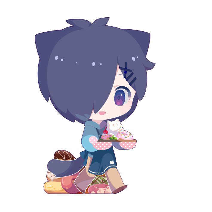 1boy aiba_ibuki animal_ears apron blue_apron blue_hoodie brown_pants cat_boy cat_ears cat_tail chibi chinese_commentary commentary_request dark_blue_hair full_body hair_ornament hair_over_one_eye hairclip holding hood hood_down hoodie kemonomimi_mode long_sleeves male_focus mememia07544 open_mouth oven_mitts pants polka_dot saibou_shinkyoku short_hair simple_background smile solo tail violet_eyes walking white_background x_hair_ornament