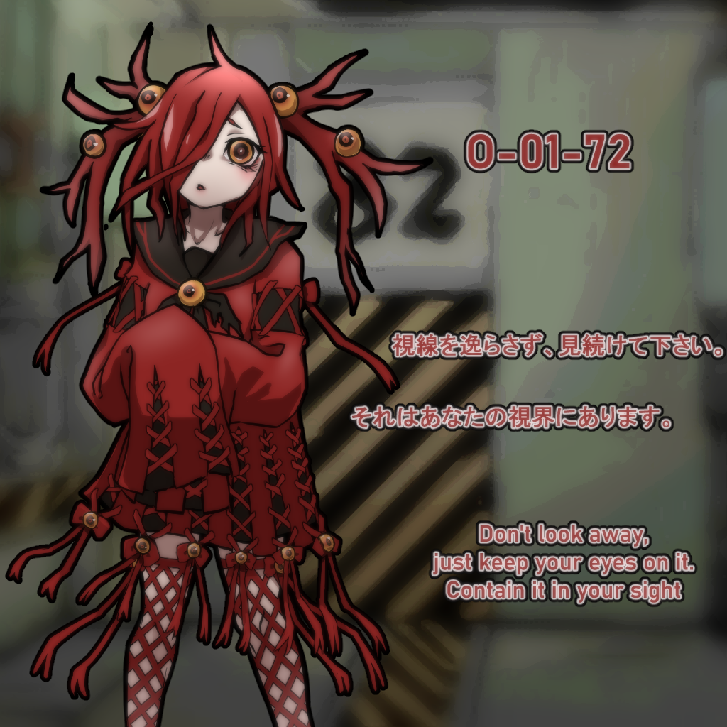 1girl bangs blush brooch cross-laced_dress cross-laced_sleeves detached_sleeves dress english_text eyeball eyeball_hair_ornament fishnet_legwear fishnets hair_over_one_eye huyusaki_taiga jewelry lobotomy_corporation long_hair neck_ribbon open_mouth personification project_moon redhead ribbon sailor_dress sleeves_past_fingers sleeves_past_wrists solo the_burrowing_heaven thigh-highs translation_request twintails yellow_eyes