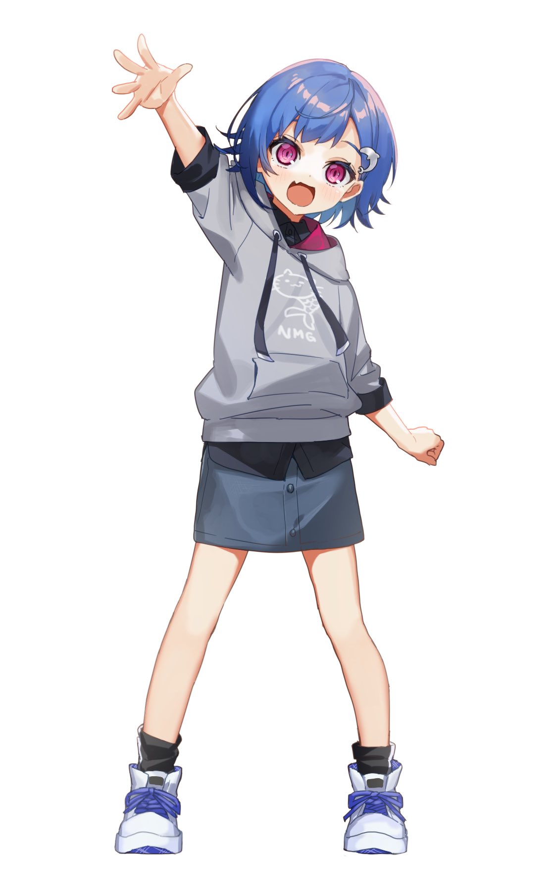 1girl arm_up bangs black_shirt black_socks blue_hair blue_skirt blush clenched_hand dolphin_hair_ornament fang full_body grey_hoodie high_tops highres hood hood_down hoodie morimori_chikka nijisanji nishizono_chigusa open_mouth outstretched_arm pencil_skirt shirt shoes short_hair simple_background skin_fang skirt sleeves_rolled_up smile sneakers socks solo standing violet_eyes virtual_youtuber white_background white_footwear younger
