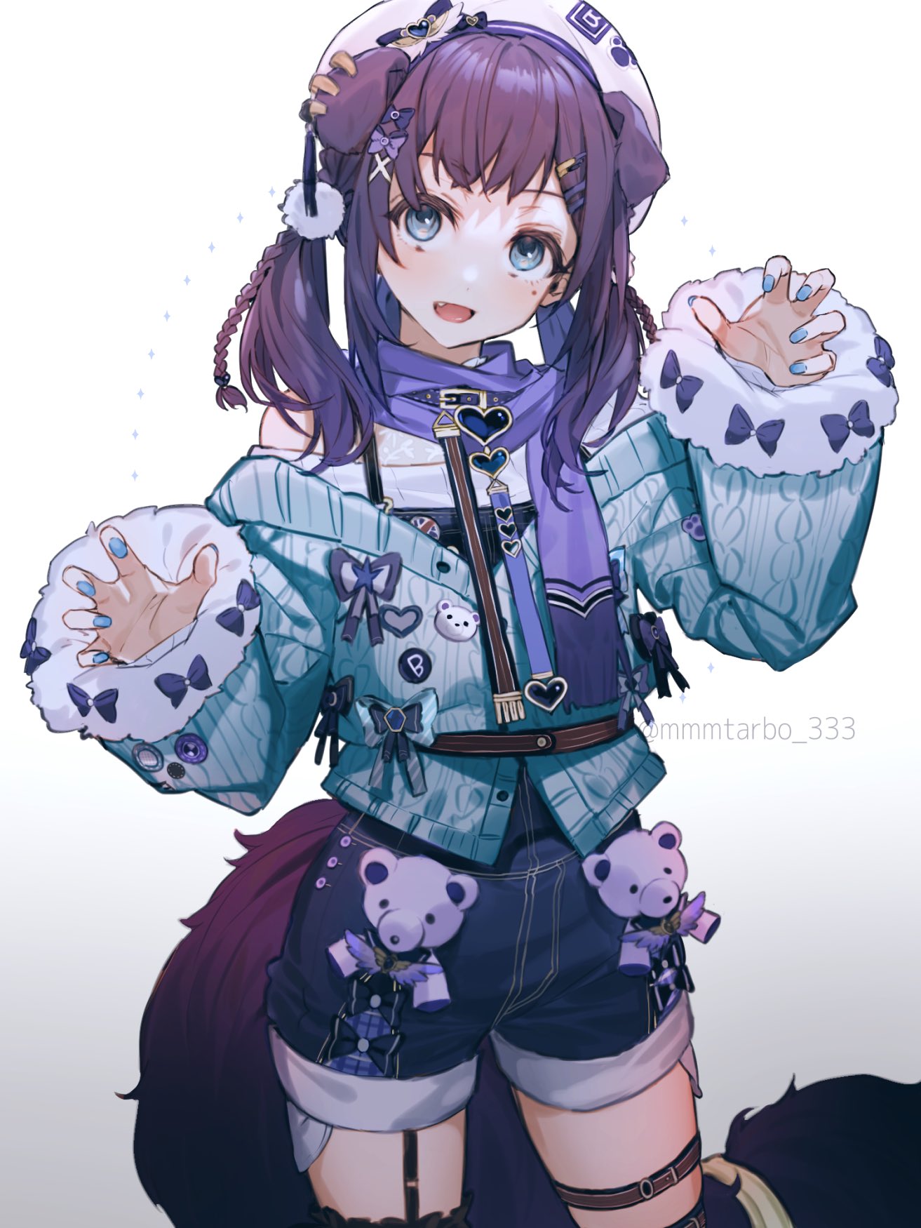 1girl aiba_uiha animal_ears bangs belt blue_eyes blue_nails claw_pose cowboy_shot dog_ears dog_girl dog_tail ear_piercing extra_ears gradient gradient_background green_sweater hair_ornament hairclip highres long_hair long_sleeves looking_at_viewer low_twintails mole mole_under_eye morimori_chikka nijisanji off_shoulder open_mouth overall_shorts overalls piercing purple_hair scarf shirt smile solo sweater tail thigh_strap twintails twitter_username virtual_youtuber white_shirt