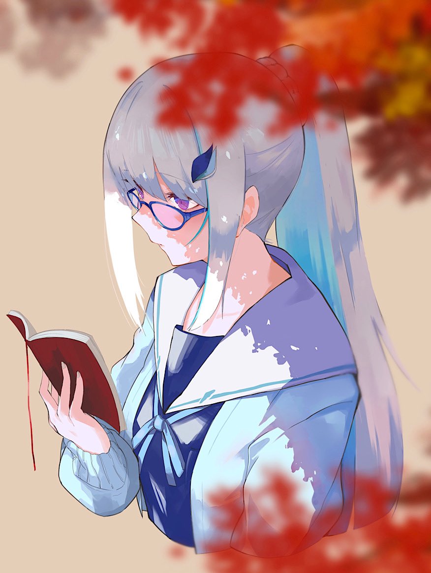 1girl bangs blue_jacket blue_shirt blurry blurry_foreground book breasts brown_background colored_inner_hair cropped_torso glasses gohan_(gohanchang) grey_hair hair_ornament holding holding_book jacket lize_helesta long_hair long_sleeves multicolored_hair nijisanji open_book ponytail shirt sidelocks simple_background small_breasts solo upper_body violet_eyes virtual_youtuber