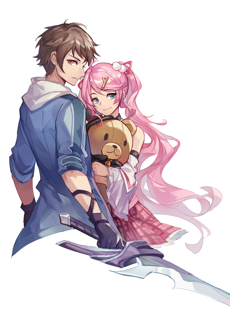 1boy 1girl blue_eyes brown_hair closed_mouth couple cropped_legs detached_sleeves eiyuu_densetsu feng_you floating_hair grey_jacket hair_ornament hairclip hajimari_no_kiseki holding holding_stuffed_toy holding_sword holding_weapon hood hooded_jacket jacket long_hair long_sleeves looking_at_viewer miniskirt nadia_rayne pink_hair pink_skirt plaid plaid_skirt red_eyes shiny shiny_hair short_hair skirt sleeves_rolled_up smile stuffed_animal stuffed_toy sweatdrop swin_abel sword teddy_bear very_long_hair weapon white_background white_sleeves