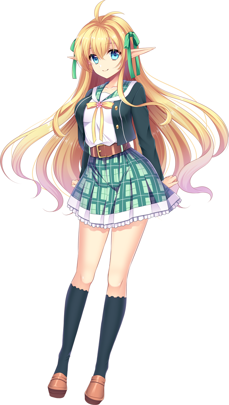 1girl agekichi_(heart_shape) antenna_hair arms_behind_back artwhirl_mahou_gakuen_no_otome-tachi bangs blonde_hair blue_eyes brown_footwear closed_mouth collared_shirt elf frilled_skirt frills full_body gradient_hair green_jacket green_ribbon green_skirt hair_between_eyes hair_ribbon highres jacket kneehighs loafers long_hair long_sleeves looking_at_viewer luna_(artwhirl) multicolored_hair open_clothes open_jacket pink_hair pointy_ears ribbon sailor_collar sailor_shirt school_uniform shirt shoes skirt smile socks solo standing transparent_background very_long_hair white_shirt