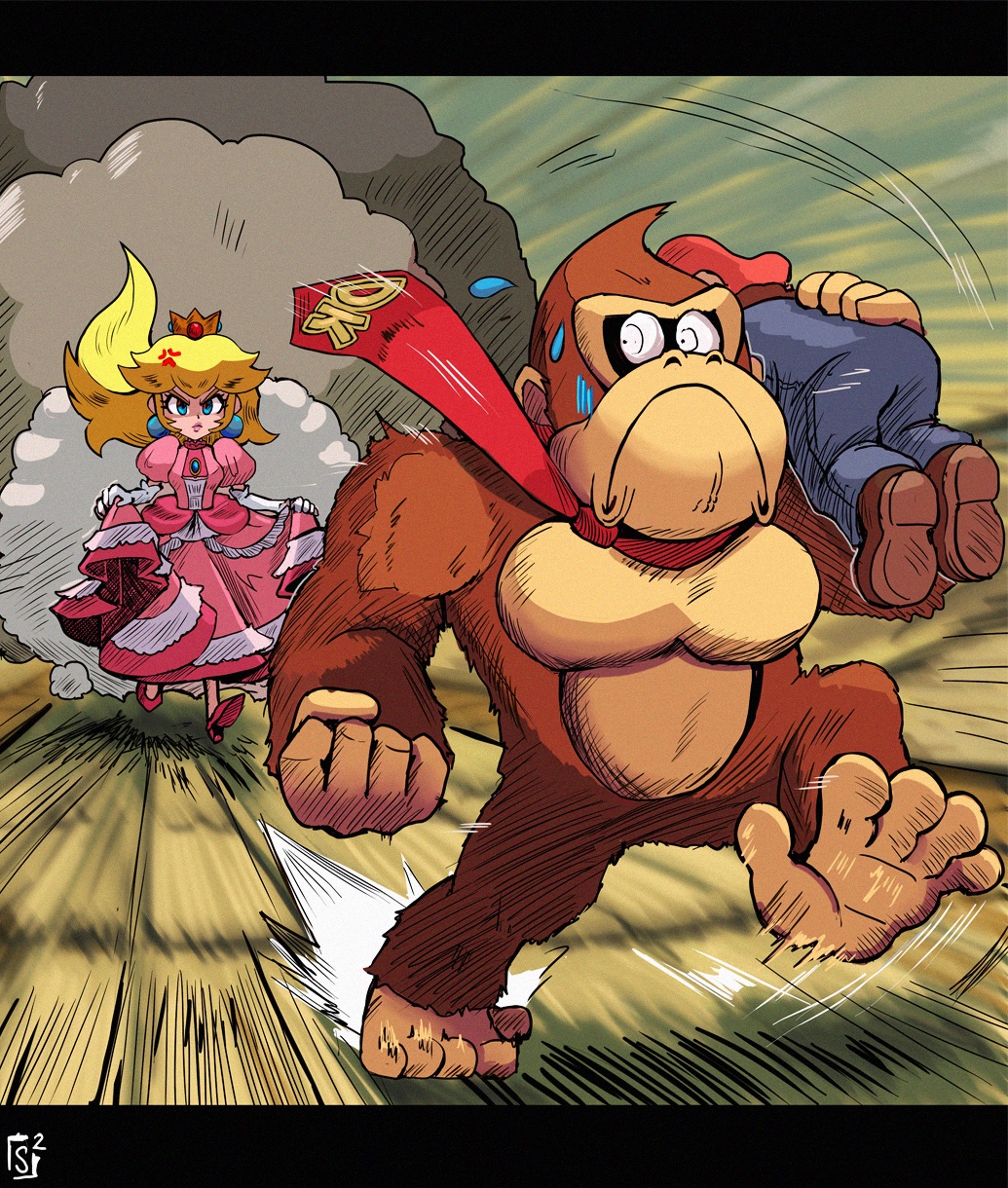 1boy 1girl anger_vein angry blonde_hair carrying chasing closed_mouth comedy constricted_pupils crown donkey_kong donkey_kong_(series) dress earrings elbow_gloves fleeing flying_sweatdrops full_body gloves gorilla hat highres jewelry letterboxed long_hair looking_at_another mario motion_blur necktie overalls pink_dress princess_peach role_reversal running scared shaded_face shoes shoulder_carry sidelocks skirt_hold speed_lines stoic_seraphim super_mario_bros. super_smash_bros. very_long_hair wide-eyed