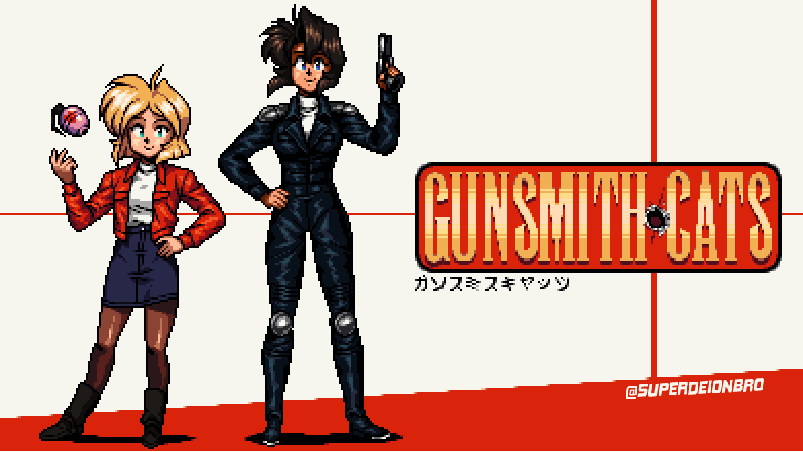 blonde_hair blue_eyes brown_hair dark-skinned_female dark_skin explosive green_eyes grenade gun gunsmith_cats handgun jacket leather leather_jacket leather_pants minnie_may_hopkins pants pixel_art rally_vincent short_hair superdeionbro weapon