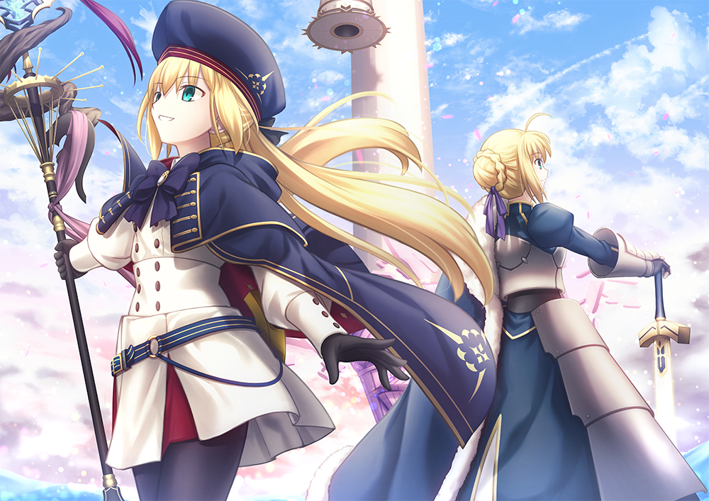 2girls ahoge armor armored_dress armored_gloves artoria_caster_(fate) artoria_caster_(second_ascension)_(fate) artoria_pendragon_(fate) belt black_bow black_gloves blonde_hair blue_belt blue_bow blue_cape blue_cloak blue_dress blue_sky bow buttons cape cloak closed_mouth clouds cloudy_sky commentary_request dress dual_persona excalibur_(fate/stay_night) fate/grand_order fate/stay_night fate_(series) floating_hair flower fur-trimmed_cape fur_trim gloves gold_trim green_eyes hair_bow hair_bun hat holding holding_staff holding_sword holding_weapon juliet_sleeves long_hair long_sleeves looking_away multiple_girls open_mouth petals photoshop_(medium) pink_flower puffy_sleeves ribbon saber shoori_(migiha) short_hair single_hair_bun sky smile staff sword teeth weapon white_dress