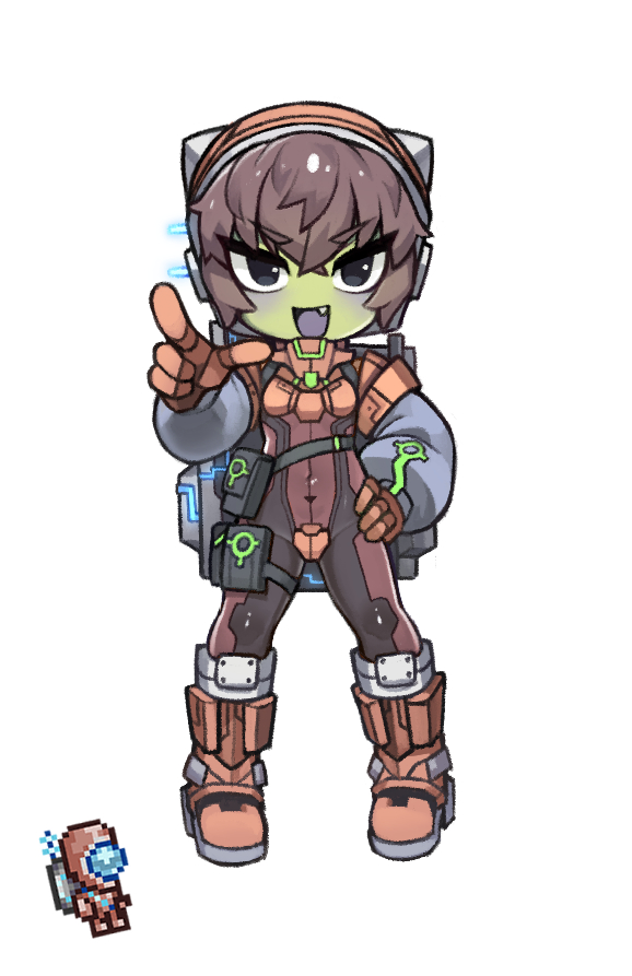 1girl :d alien bangs black_bodysuit bodysuit boots breasts brown_bodysuit brown_hair colored_skin creature_and_personification crossed_bangs crotch_plate detached_sleeves fang full_body gloves green_skin grey_sleeves hair_between_eyes hand_on_hip knee_boots long_sleeves looking_at_viewer martian_officer multicolored_bodysuit multicolored_clothes no_nose nyong_nyong open_mouth orange_footwear orange_gloves puffy_long_sleeves puffy_sleeves reference_inset short_hair simple_background small_breasts smile solo standing terraria thigh_strap tsurime v-shaped_eyebrows white_background