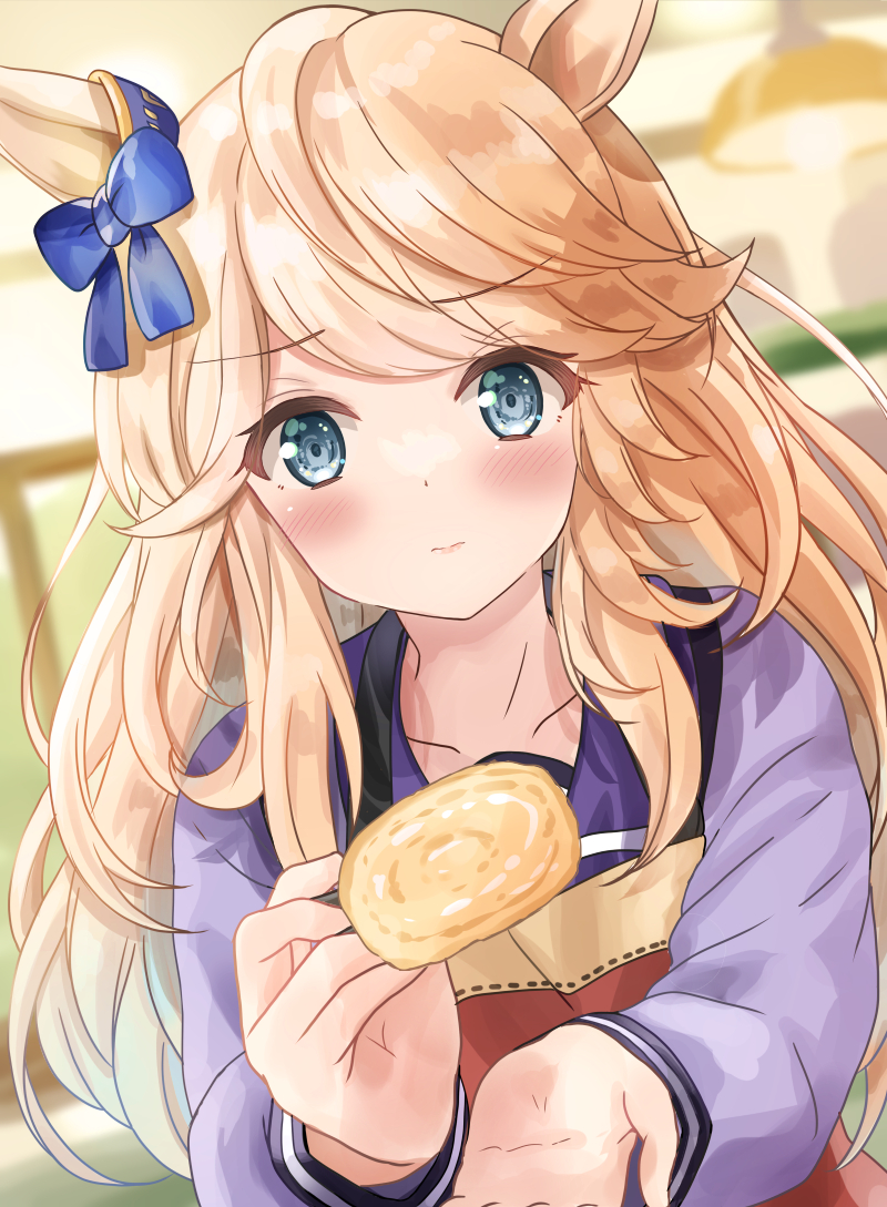 1girl animal_ears apron bangs blonde_hair blue_bow blue_eyes blurry blurry_background blush bow closed_mouth collarbone commentary_request depth_of_field ear_bow feeding food gold_city_(umamusume) holding holding_food horse_ears indoors long_hair long_sleeves looking_at_viewer motoi_ayumu puffy_long_sleeves puffy_sleeves purple_shirt red_apron school_uniform shirt solo tracen_school_uniform umamusume upper_body very_long_hair