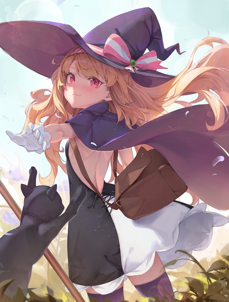 armpits back bag big_hat black_dress blonde_hair blue_sky cat cat_ears flower from_side gloves grass highres little_witch_nobeta looking_at_viewer nobeta official_art red_eyes ribbon smile solo solo_focus staff very_long_hair witch_hat