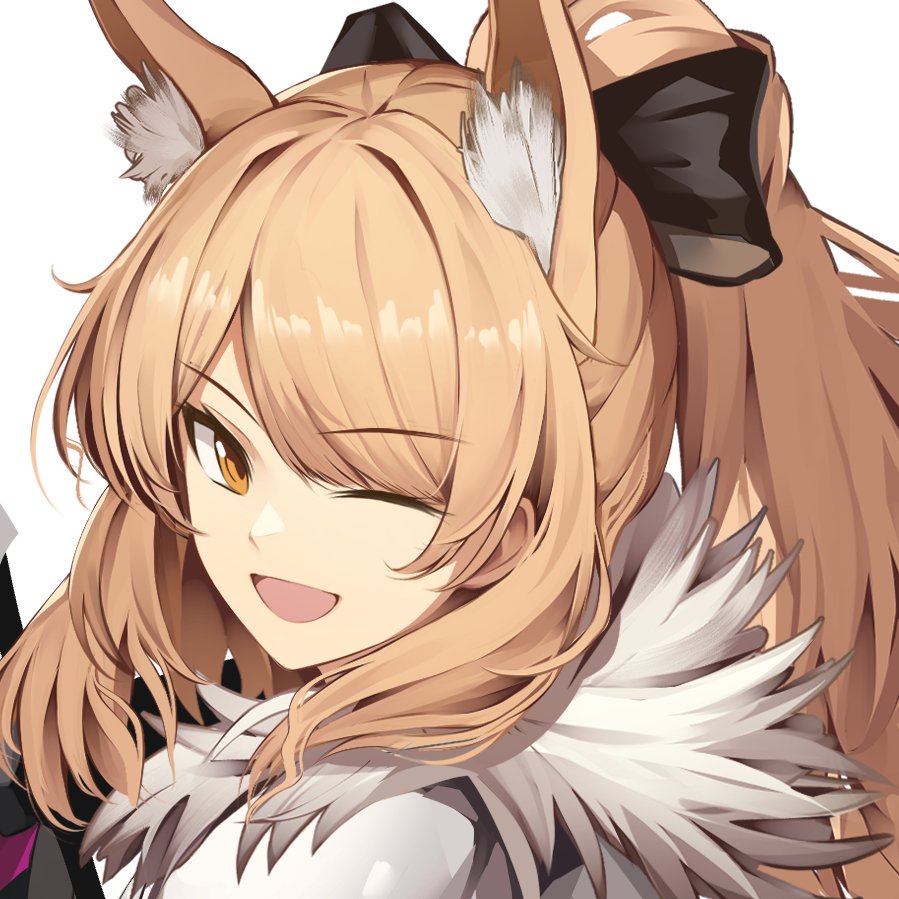 animal_ear_fluff animal_ears arknights armor black_bow black_ribbon blemishine_(arknights) blonde_hair bow extra_ears hair_ribbon one_eye_closed open_mouth orange_eyes penguin4 plate_armor ponytail ribbon simple_background smile white_background