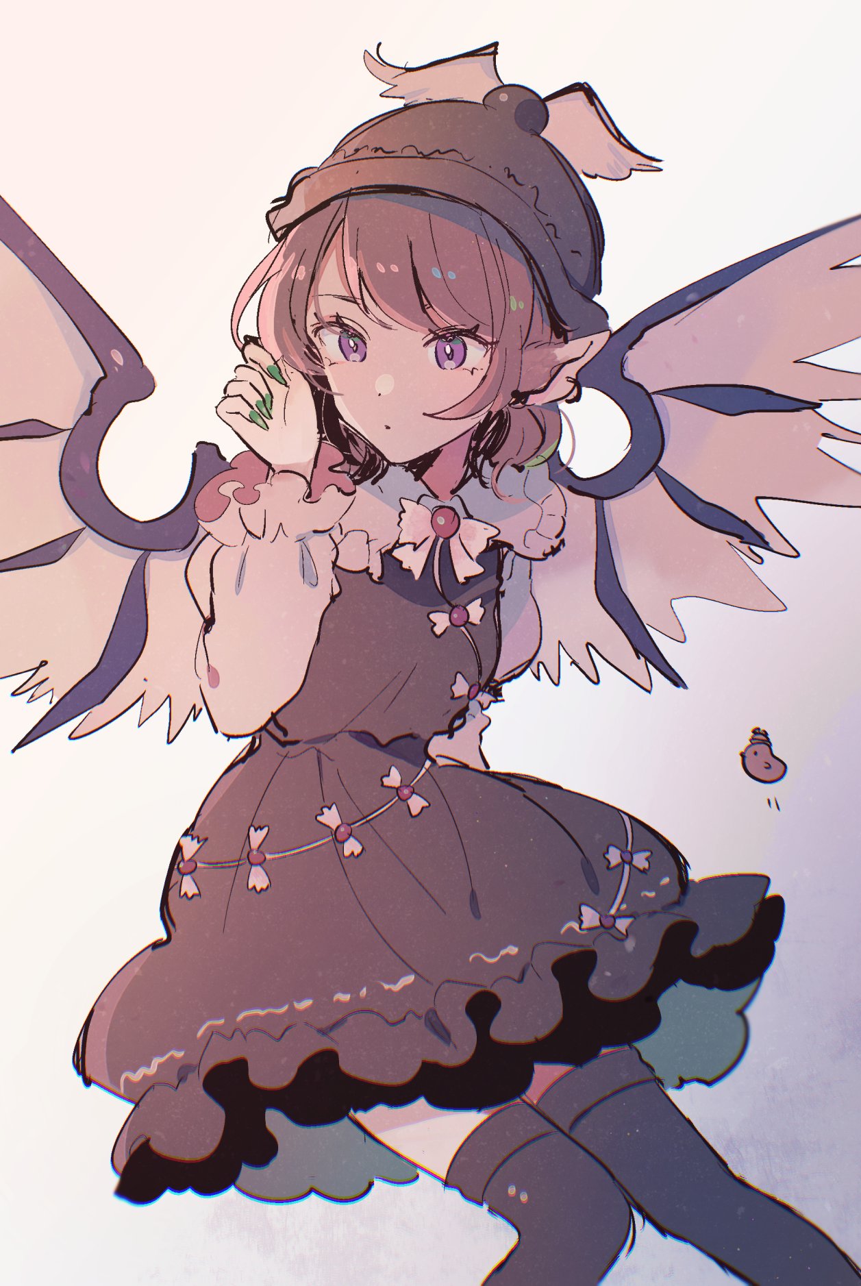 1girl adjusting_hair bird_wings brown_dress brown_headwear brown_thighhighs closed_mouth collared_shirt dress earrings expressionless feathered_wings feet_out_of_frame fingernails green_nails hand_up highres jewelry knees_together_feet_apart long_sleeves looking_afar medium_hair mozukuzu_(manukedori) mystia_lorelei nail_polish pink_hair pointy_ears sharp_fingernails shirt simple_background solo thigh-highs touhou violet_eyes white_shirt winged_hat wings