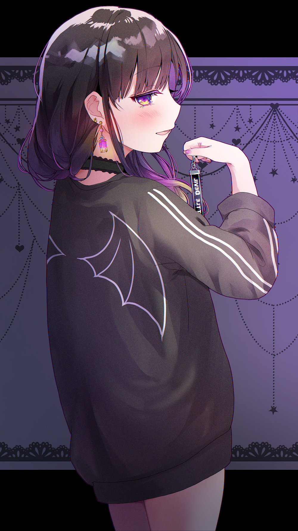 1girl bangs black_choker black_hair black_shirt blush choker copyright_request earrings hand_up highres holding jewelry letterboxed long_hair long_sleeves multicolored_hair open_mouth profile purple_hair shirt solo streaked_hair tomozero violet_eyes virtual_youtuber