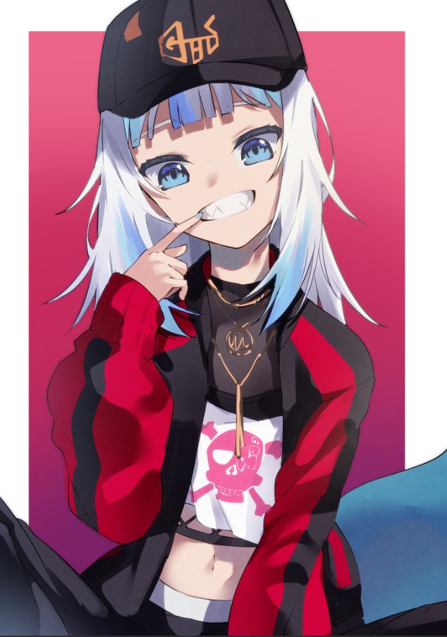 1girl bangs baseball_cap black_headwear black_jacket black_pants blue_eyes blue_hair blunt_bangs border cosplay crop_top fish_tail gawr_gura gradient gradient_background hair_down hat hololive hololive_english jacket jewelry long_sleeves looking_at_viewer medium_hair mori_calliope mori_calliope_(cosplay) mouth_pull multicolored_clothes multicolored_hair multicolored_jacket nail_polish navel necklace open_mouth outside_border pants puffy_long_sleeves puffy_sleeves purple_background red_background red_jacket shark_tail sharp_teeth skull_and_crossbones solo spread_legs streaked_hair tail teeth tsushi two-tone_jacket virtual_youtuber white_border white_hair