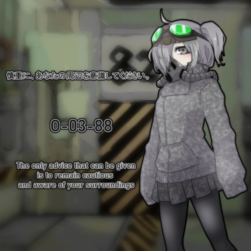 1girl bangs blush dimensional_refraction_variant english_text goggles goggles_on_head grey_hair hair_over_one_eye high_collar huyusaki_taiga jacket lobotomy_corporation long_sleeves one_side_up pantyhose personification pleated_skirt pocket project_moon respirator skirt sleeves_past_fingers sleeves_past_wrists solo