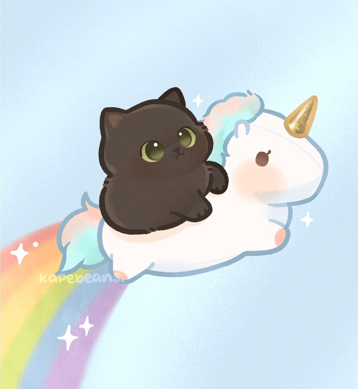 animal animal_focus artist_name black_cat blue_background cat closed_mouth commentary_request green_eyes highres kapebeansies kitten no_humans original photo-referenced rainbow riding simple_background sparkle unicorn