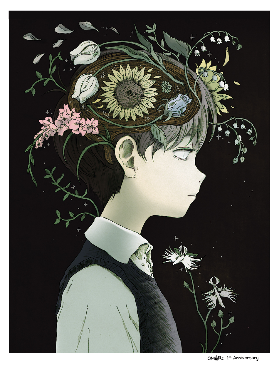 1boy black_background black_hair black_sweater_vest black_vest blue_flower blue_rose collared_shirt daisy flower forget-me-not_(flower) hair_flower hair_ornament highres lily_of_the_valley male_focus official_art omocat omori orchid pink_flower profile rose shirt solo sunflower sunny_(omori) sweater_vest tulip vest white_flower white_shirt