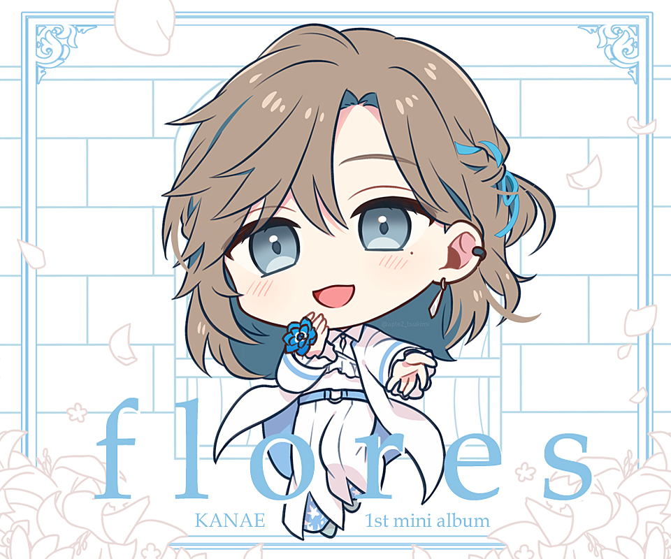 1boy :d album_name aplerichi beckoning belt blue_belt blue_eyes blue_flower blue_ribbon brick_wall brown_hair character_name chibi coat collared_shirt curtained_hair earrings flower full_body grey_footwear hair_between_eyes hair_down hair_ribbon hand_on_own_chin holding holding_flower jewelry kanae_(nijisanji) lily_(flower) long_hair looking_at_viewer male_focus mole mole_under_eye nijisanji official_alternate_costume open_clothes open_coat outstretched_arm pants petals ribbon shirt smile solo virtual_youtuber white_coat white_hair white_pants