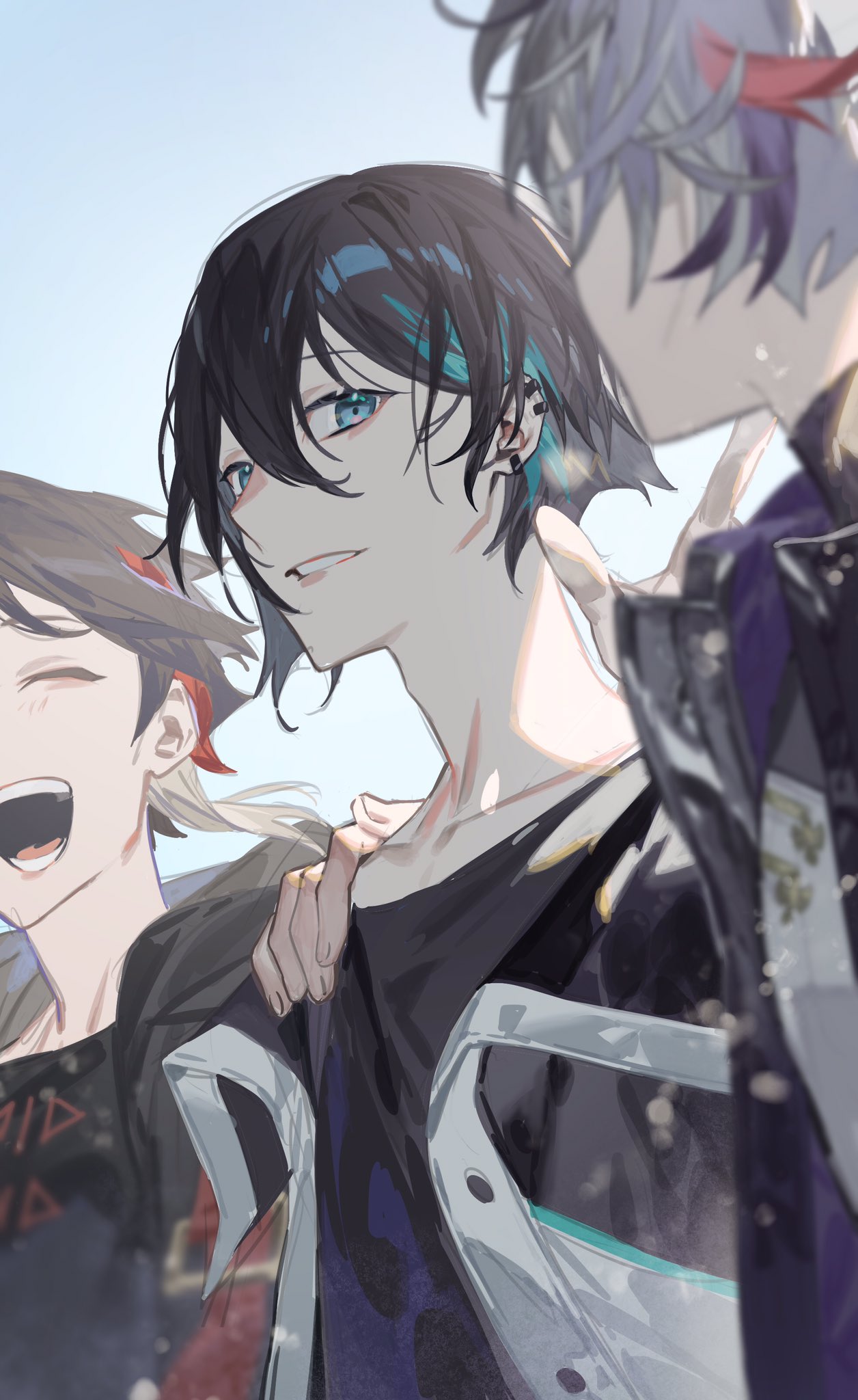 3boys bangs black_hair black_shirt blurry blurry_foreground brown_hair closed_eyes ear_piercing fuwa_minato green_eyes grey_hair hand_on_another's_shoulder highres jacket looking_at_viewer male_focus mayuzumi_kai multicolored_hair multiple_boys nijisanji open_clothes open_jacket open_mouth piercing saegusa_akina serita_jon shirt smile solo_focus streaked_hair teeth upper_body virtual_youtuber