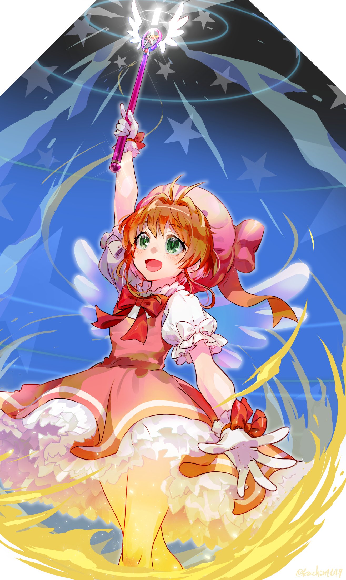 1girl antenna_hair arm_up bow brown_hair cardcaptor_sakura casting_spell dress frilled_dress frilled_gloves frills gloves glowing gradient hair_between_eyes hat highres holding holding_wand kachin magic open_mouth pink_bow pink_dress pink_headwear puffy_sleeves red_bow short_hair smile solo spell star_(symbol) wand white_gloves