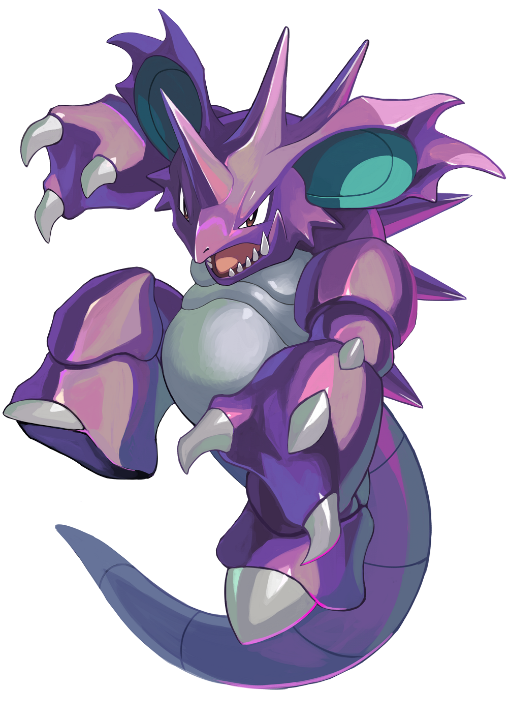 bright_pupils brown_eyes claws commentary_request full_body highres nidoking no_humans open_mouth pokemon pokemon_(creature) sharp_teeth simple_background solo spikes teeth tesshii_(riza4828) tongue white_background white_pupils