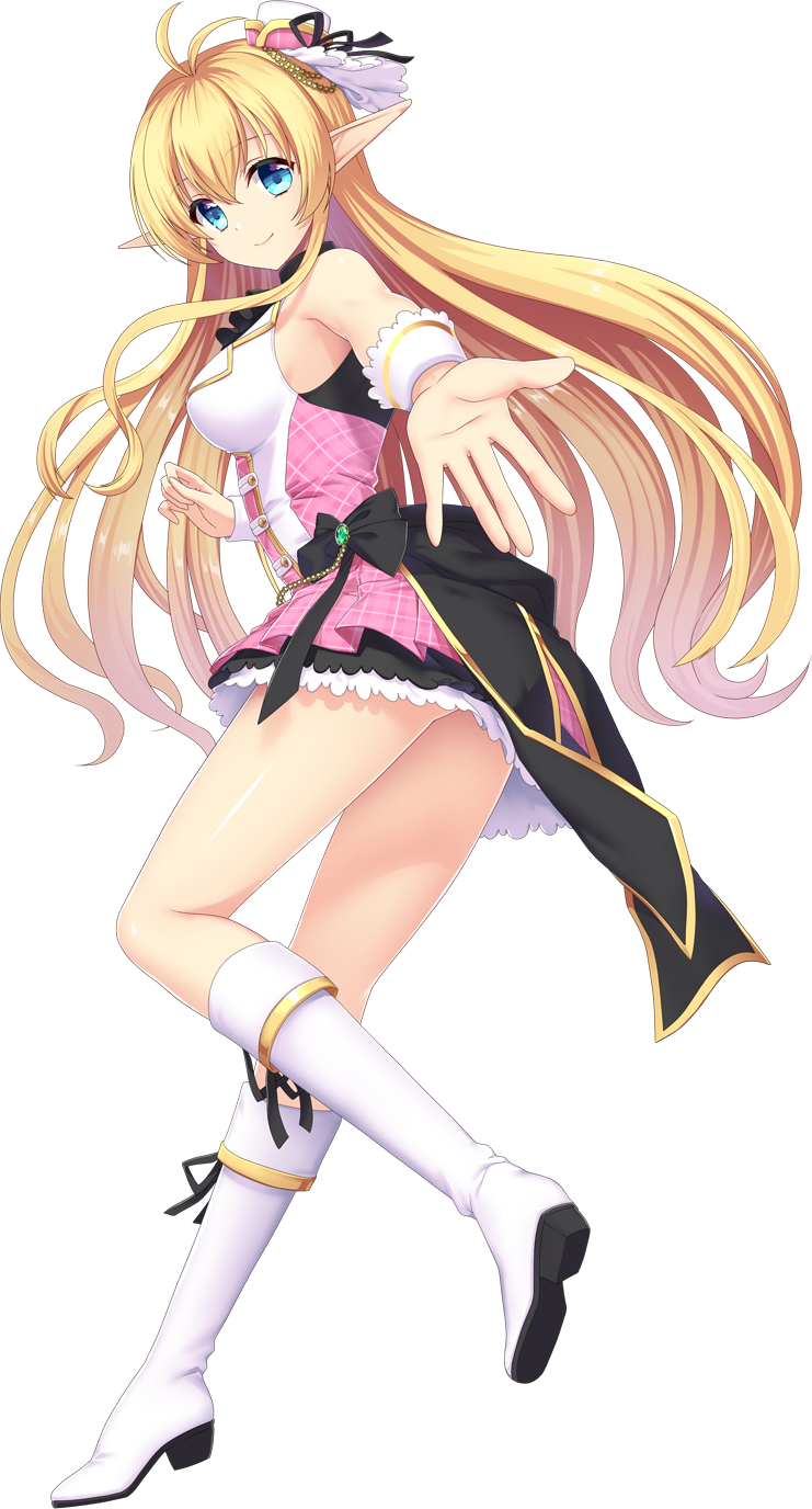 1girl agekichi_(heart_shape) artwhirl_mahou_gakuen_no_otome-tachi bangs black_bow black_ribbon blonde_hair blue_eyes boots bow breasts closed_mouth elf floating_hair from_side full_body gradient_hair hair_between_eyes highres knee_boots long_hair looking_at_viewer luna_(artwhirl) medium_breasts miniskirt multicolored_hair pink_hair pointy_ears reaching_out ribbon skirt smile solo standing transparent_background very_long_hair white_footwear