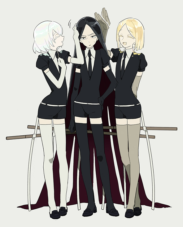 3others ^_^ absurdly_long_hair afterimage ahn androgynous arm_behind_back belt black_footwear black_gloves black_hair black_necktie black_thighhighs blonde_hair bob_cut bort closed_eyes colored_inner_hair diamond_(houseki_no_kuni) elbow_gloves frown full_body furrowed_brow gem_uniform_(houseki_no_kuni) gloves grey_gloves grey_thighhighs hand_on_another's_head hand_on_hip hand_on_own_chest hand_up hands_up headpat houseki_no_kuni laughing loafers long_hair looking_at_viewer multicolored_hair multiple_others necktie open_mouth other_focus profile purple_hair shoes short_hair short_sleeves side-by-side simple_background sparkle standing sweatdrop sword thigh-highs two-tone_hair very_long_hair weapon white_gloves white_hair white_thighhighs yellow_diamond_(houseki_no_kuni)