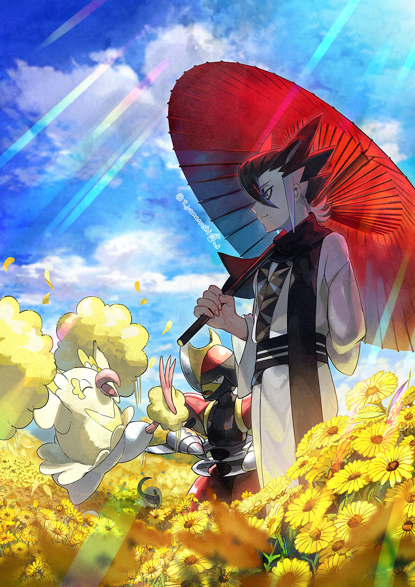 1boy absol bangs bisharp black_hair black_sash black_scarf closed_mouth clouds commentary_request day field flower flower_field grimsley_(pokemon) holding holding_umbrella japanese_clothes kimono male_focus oil-paper_umbrella oricorio oricorio_(pom-pom) outdoors pokemon pokemon_(creature) pokemon_(game) pokemon_sm sash scarf sky standing umbrella yamanashi_taiki yellow_flower