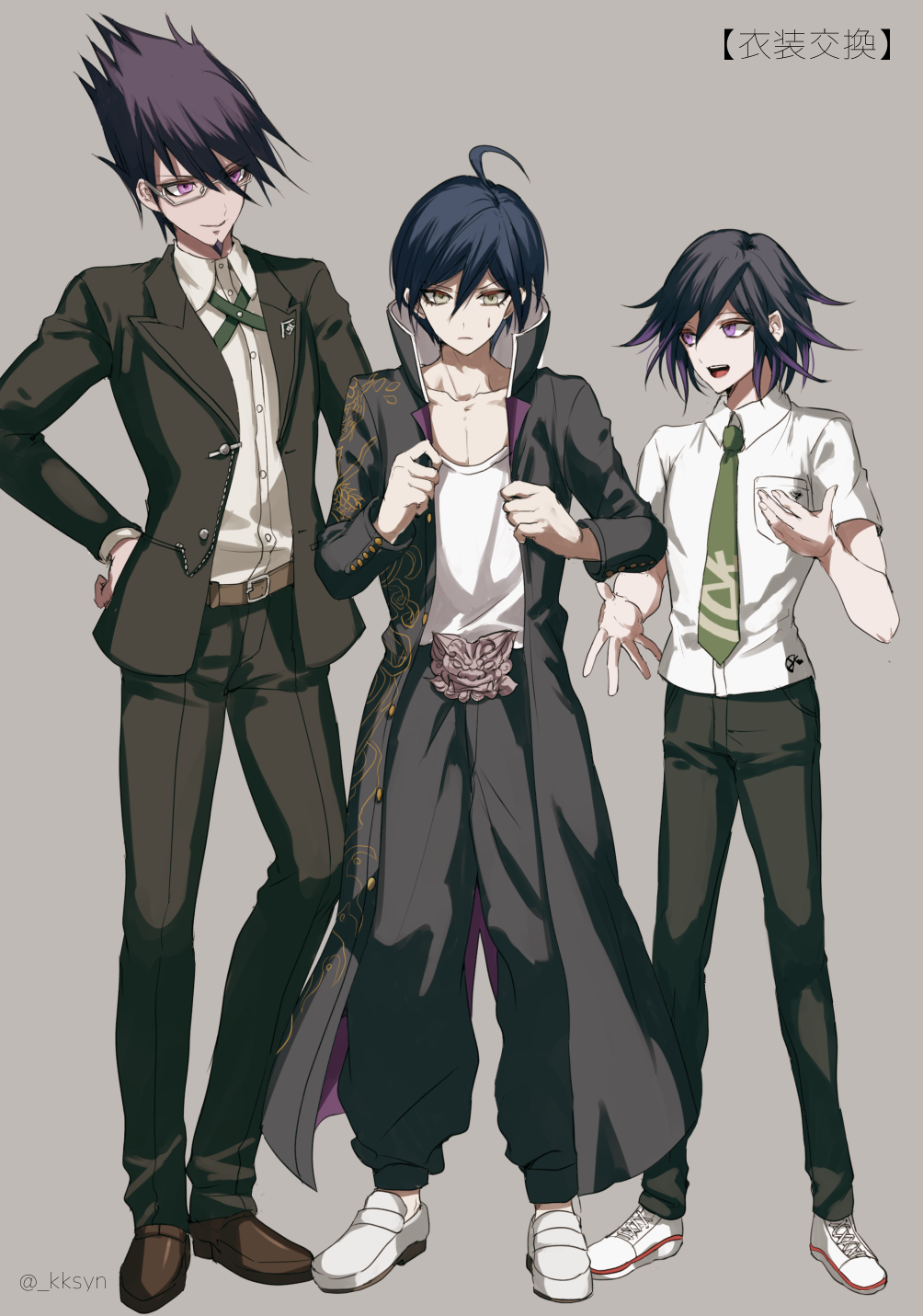 3boys ahoge artist_name bangs bespectacled black_coat black_hair black_pants breast_pocket brown_footwear brown_jacket brown_pants coat collarbone collared_shirt cosplay danganronpa_(series) danganronpa_v3:_killing_harmony dress_shirt facial_hair full_body glasses goatee green_necktie grey_background grey_shirt hair_between_eyes highres hinata_hajime hinata_hajime_(cosplay) jacket male_focus medium_hair momota_kaito multicolored_hair multiple_boys necktie oowada_mondo oowada_mondo_(cosplay) open_clothes open_coat open_jacket ouma_kokichi pants pink_eyes pocket purple_hair saihara_shuuichi sakuyu shirt shoes short_hair simple_background smile spiky_hair sweatdrop togami_byakuya togami_byakuya_(cosplay) translation_request two-tone_hair white_footwear