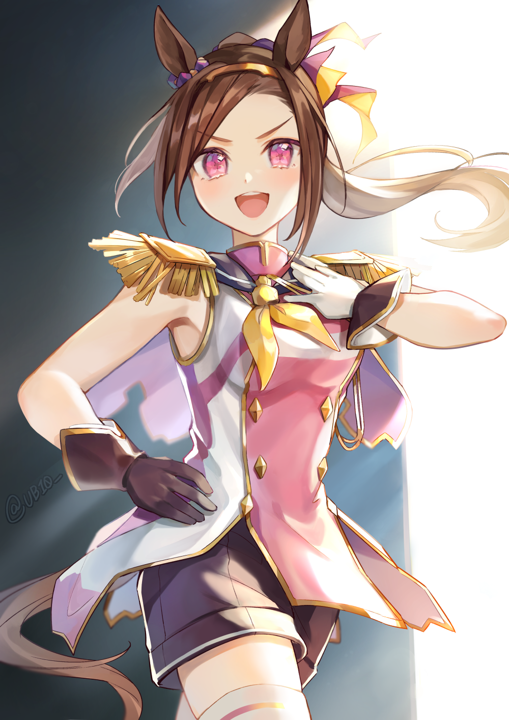 1girl :d animal_ears armpits asymmetrical_gloves bangs boots brown_gloves brown_hair gloves highres horse_ears horse_girl horse_tail mismatched_gloves open_mouth pink_eyes ponytail purple_shirt purple_shorts sakura_bakushin_o_(umamusume) shirt shorts sleeveless sleeveless_shirt smile solo tail thigh_boots umamusume v-shaped_eyebrows white_footwear white_gloves yubito_(ub10)