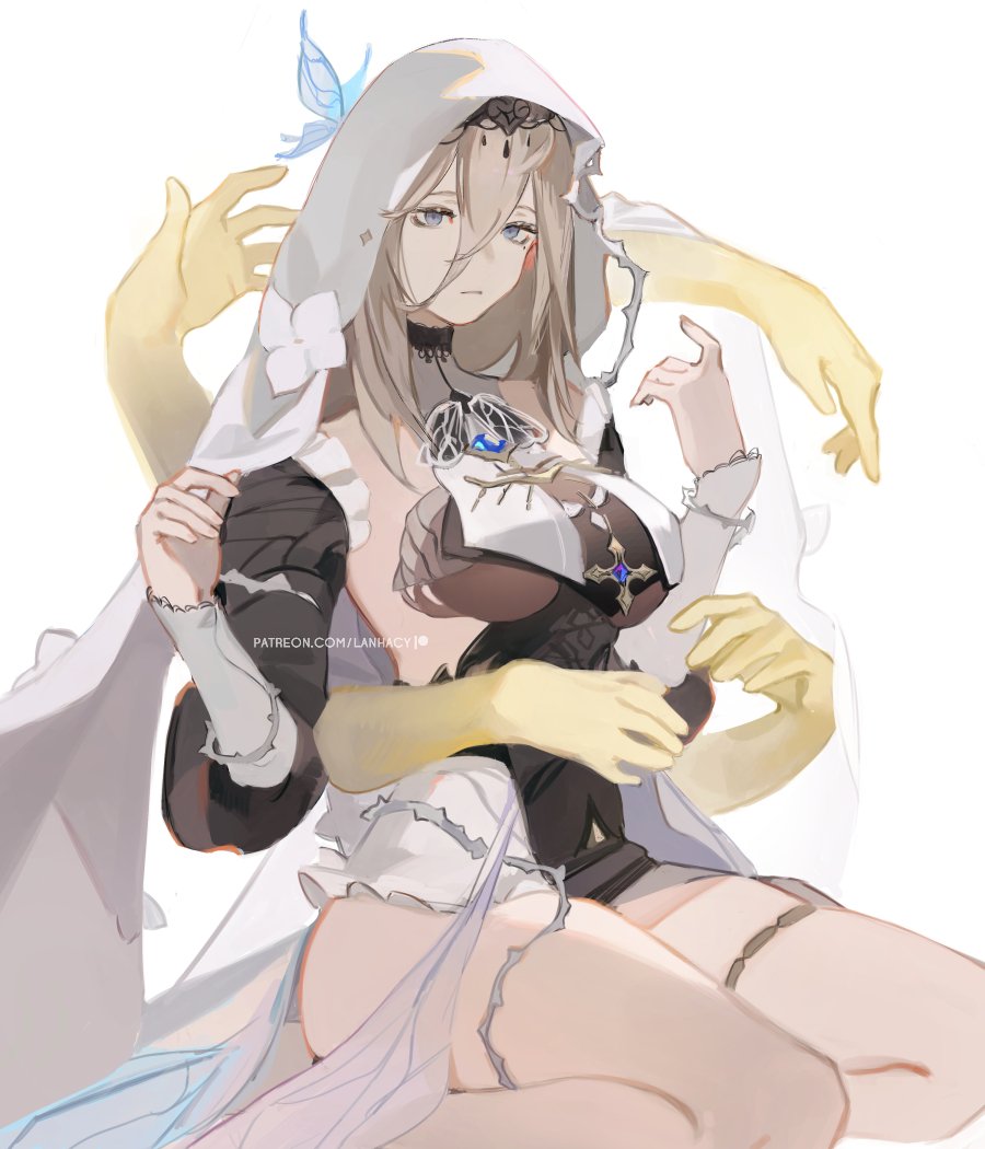1girl animal aponia_(honkai_impact) bare_shoulders blue_butterfly blue_eyes blue_gemstone brown_hair bug butterfly closed_mouth cross extra_arms flower frills gem grey_background hair_between_eyes hair_flower hair_ornament honkai_(series) honkai_impact_3rd insect_wings lanhacy light_brown_hair mole mole_under_eye nun patreon_username purple_gemstone simple_background sitting skindentation solo thigh_strap thorns wariza wings