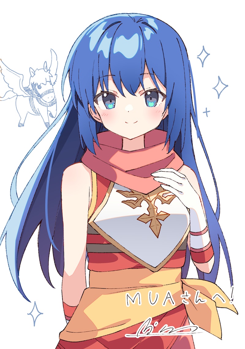 1girl arm_behind_back armor bangs bare_shoulders blue_eyes blue_hair breastplate caeda_(fire_emblem) fire_emblem fire_emblem:_shadow_dragon fire_emblem_heroes gloves long_hair looking_at_viewer official_alternate_costume pegasus scarf smile white_background white_gloves younger zoirun