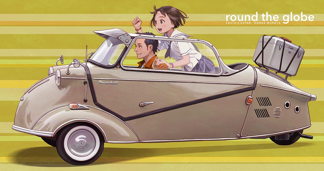1boy 1girl artist_name bangs black_hair black_neckerchief bracelet brown_eyes brown_hair car clenched_hand collared_shirt commentary_request driving english_text floating_hair grey_skirt ground_vehicle hand_on_another's_shoulder hand_up jewelry leaning_forward looking_away messerschmitt_kr200 motor_vehicle murata_range neckerchief open_mouth orange_shirt original parted_lips pleated_skirt raised_fist sailor_collar sailor_shirt school_uniform serafuku shirt short_hair short_sleeves skirt smile striped striped_background suitcase very_short_hair watch watch white_sailor_collar white_shirt yellow_background