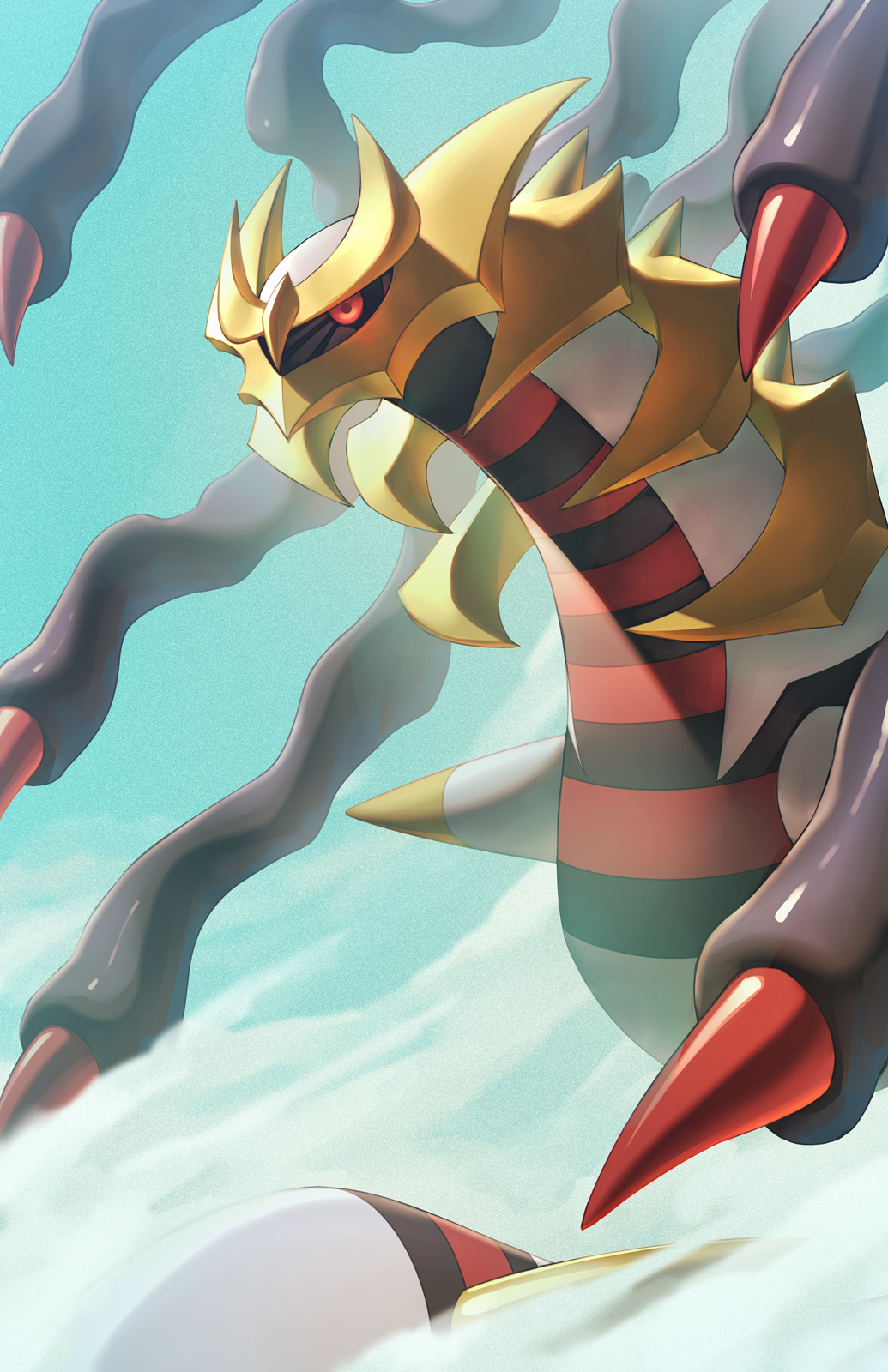 black_sclera colored_sclera commentary_request day giratina giratina_(origin) glowing glowing_eyes highres naoki_eguchi no_humans outdoors pokemon pokemon_(creature) red_eyes shiny solo spikes