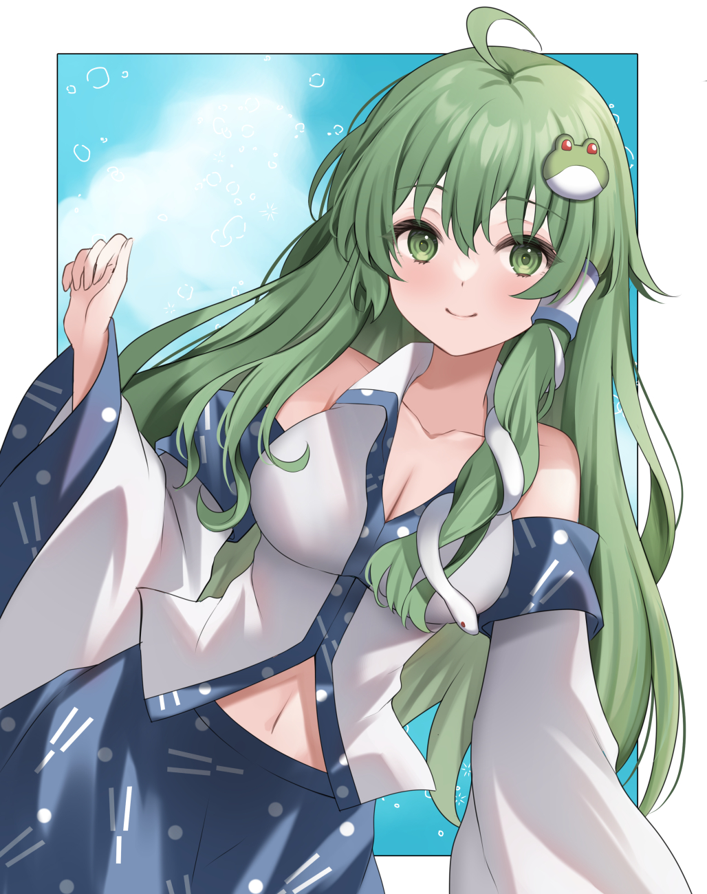 1girl ahoge bangs bare_shoulders blue_skirt blue_sky blush border breasts closed_mouth clouds cloudy_sky collarbone collared_shirt commentary_request detached_sleeves eyes_visible_through_hair frog_hair_ornament green_eyes green_hair hair_between_eyes hair_ornament hair_tubes hand_up highres ichinose_(sorario) kochiya_sanae large_breasts long_hair long_sleeves looking_to_the_side navel outside_border shirt skirt sky smile snake_hair_ornament solo standing touhou white_border white_shirt wide_sleeves
