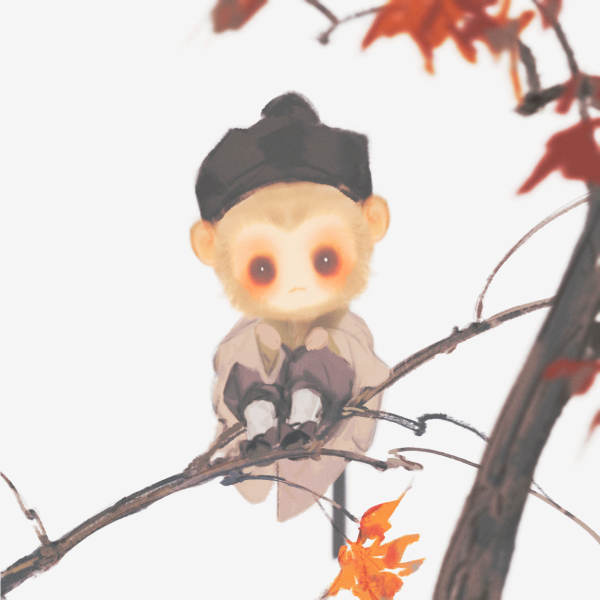 autumn_leaves black_footwear black_headwear black_pants chibi curious day furry furry_male grey_robe hands_up hat in_tree journey_to_the_west journey_to_the_west_(1986_tv_series) long_sleeves looking_at_viewer mian_lang monkey_boy nature outdoors pants photo-referenced red_eyes robe sitting socks sun_wukong tree white_background white_socks