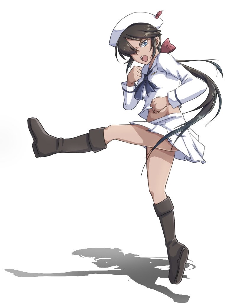 1girl acchan bangs black_eyes black_hair black_neckerchief blouse boots bow clenched_hands commentary dark-skinned_female dark_skin dixie_cup_hat flying_kick frown girls_und_panzer hair_bow hair_over_one_eye hat hat_feather jumping kicking knee_boots long_hair long_sleeves looking_at_viewer midriff military_hat miniskirt navel neckerchief ogin_(girls_und_panzer) ooarai_naval_school_uniform open_mouth pleated_skirt ponytail red_bow sailor sailor_collar school_uniform shadow shirt simple_background skirt solo street_fighter tatsumaki_senpuukyaku white_background white_headwear white_shirt white_skirt