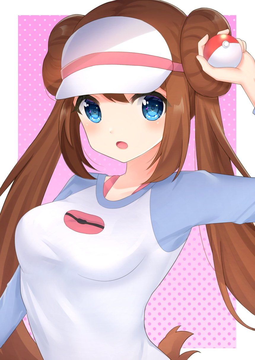 1girl bangs banned_artist blue_eyes blush border breasts brown_hair commentary_request double_bun hair_bun highres holding holding_poke_ball long_hair looking_at_viewer open_mouth pink_background poke_ball poke_ball_(basic) pokemon pokemon_(game) pokemon_bw2 raglan_sleeves rosa_(pokemon) shirt solo takahara tongue twintails upper_body visor_cap white_border