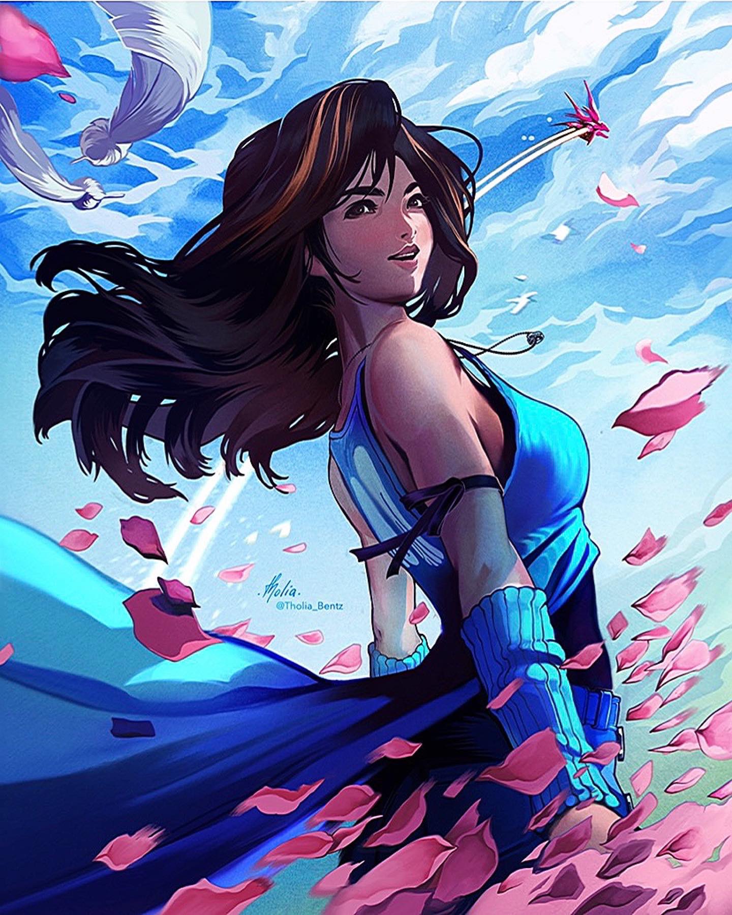 1girl arm_ribbon arm_warmers bare_shoulders black_eyes black_hair black_ribbon black_shirt blue_cardigan blue_skirt breasts brown_hair cardigan clouds cloudy_sky cowboy_shot falling_feathers falling_petals feathers final_fantasy final_fantasy_viii hair_between_eyes highres jewelry long_hair looking_back medium_breasts multicolored_hair necklace outdoors parted_lips petals ribbon rinoa_heartilly shirt signature skirt sky smile solo streaked_hair tholia_bentz twitter_username white_feathers