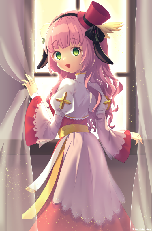 1girl arch_bishop_(ragnarok_online) bangs black_bow black_hairband bow commentary_request cross curtains day dress feet_out_of_frame green_eyes hairband hat hat_bow head_wings indoors juliet_sleeves long_hair long_sleeves looking_at_viewer looking_back miya_(chocolate_holic) open_mouth pink_hair puffy_sleeves ragnarok_online red_dress red_headwear sash smile solo two-tone_dress wavy_hair white_dress window yellow_sash yellow_wings