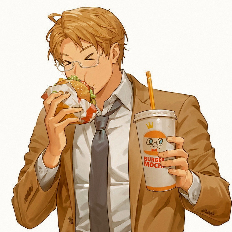 &gt;_&lt; 1boy america_(hetalia) axis_powers_hetalia black_necktie blazer blue_eyes brand_name_imitation burger burger_king collared_shirt cup drinking_straw eating fast_food food food_wrapper holding holding_cup jacket littleb623 mochimerica_(hetalia) necktie shirt upper_body