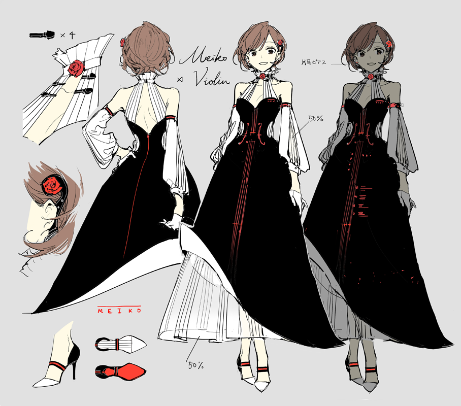 1girl asymmetrical_dress back_cutout bangs black_dress brown_eyes brown_hair character_name clothing_cutout collared_dress colored_shoe_soles crossed_ankles detached_sleeves dress english_text evening_gown flower formal gloves glowing glowing_clothes grey_background grin half_gloves high_collar high_heels layered_dress meiko miku_symphony_(vocaloid) multiple_views official_alternate_costume official_art red_flower red_rose reference_sheet rella rose see-through see-through_dress see-through_sleeves shoes shoes_removed short_hair simple_background sleeve_cuffs sleeveless smile standing turnaround vocaloid wavy_hair white_gloves