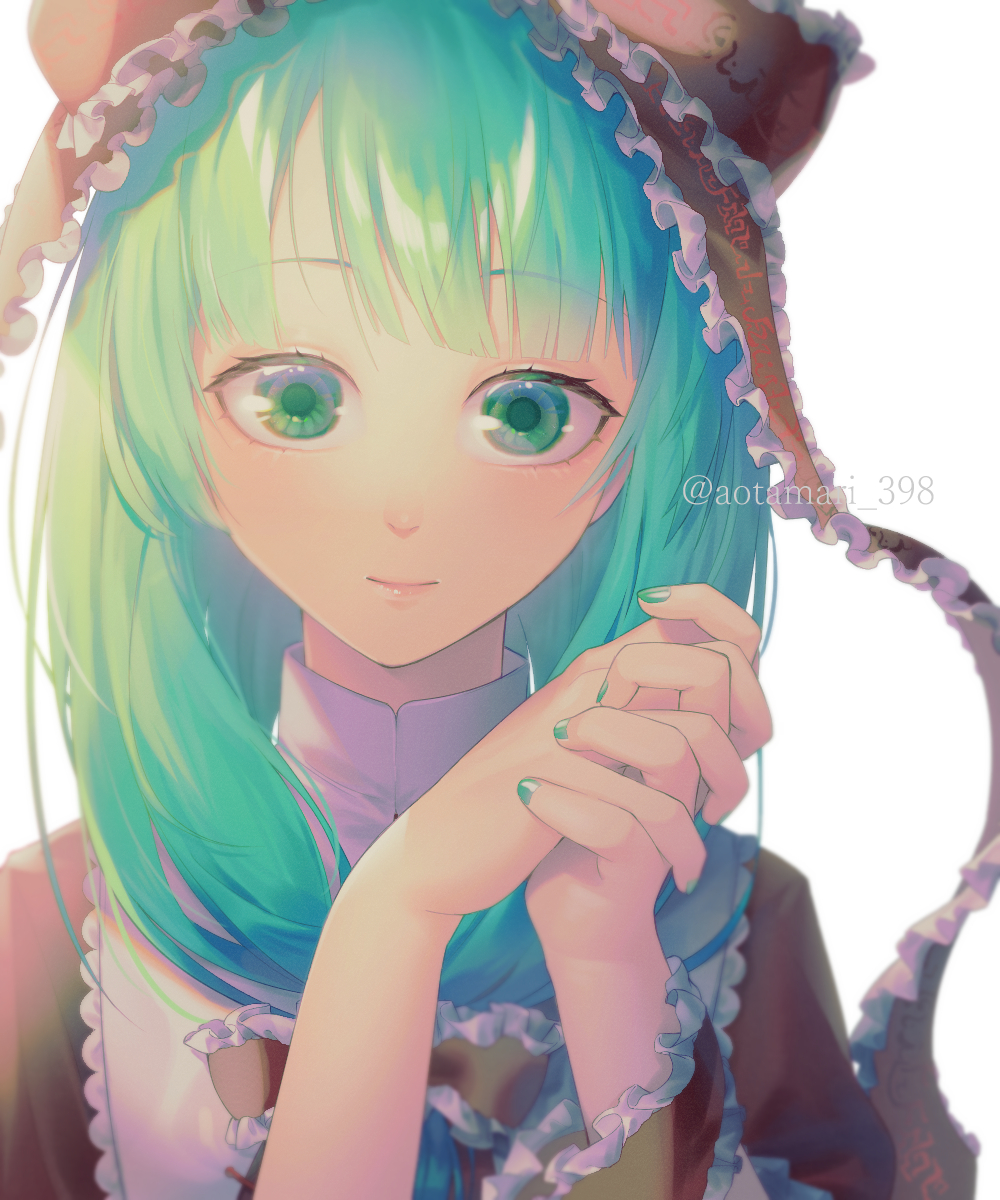 1girl ao_tamari artist_name bangs bow brown_dress closed_mouth collared_dress dress fingernails frills green_eyes green_hair green_nails hair_bow hands_up highres kagiyama_hina light looking_at_viewer medium_hair nail_polish own_hands_together puffy_short_sleeves puffy_sleeves red_bow short_sleeves simple_background solo touhou upper_body watermark white_background